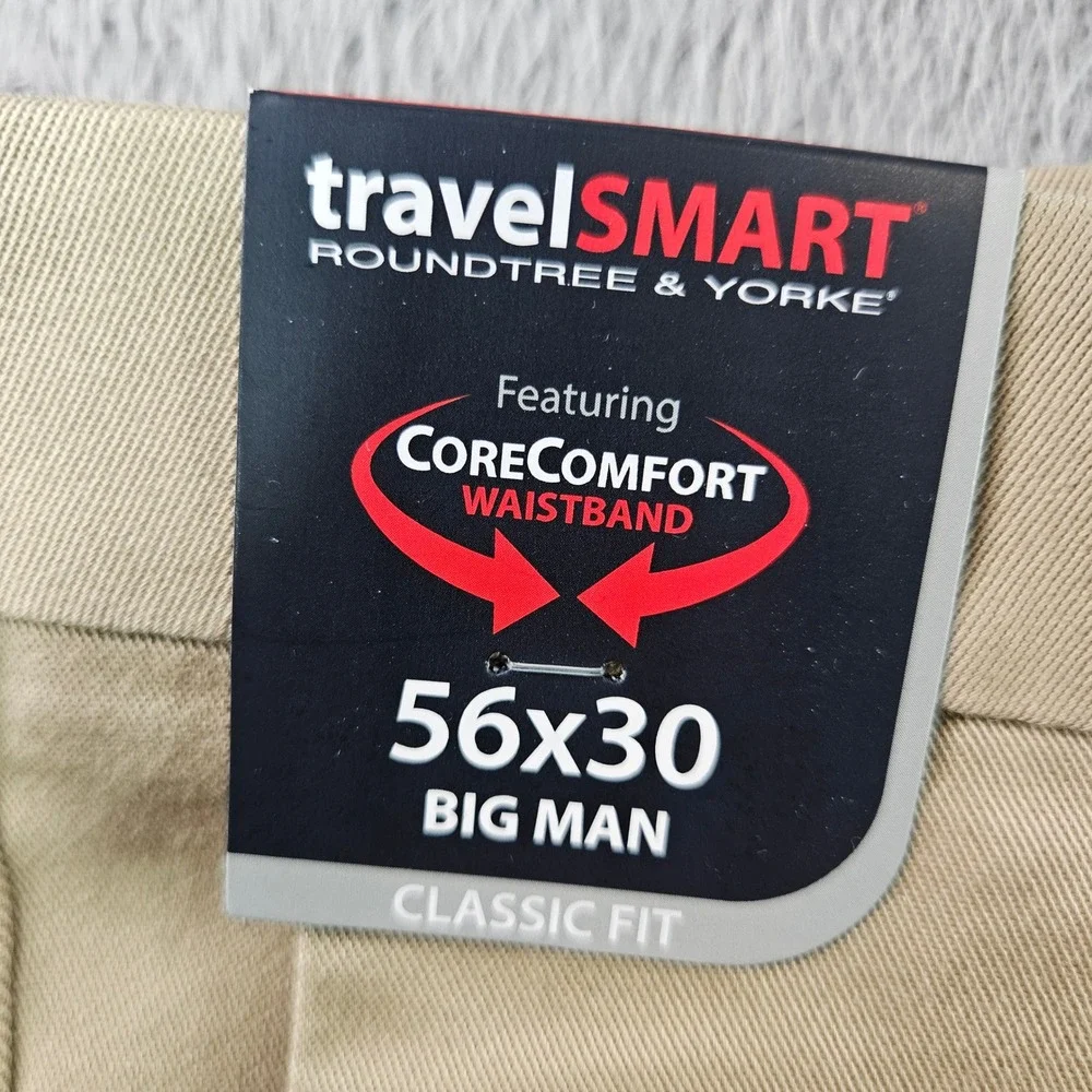 Roundtree & Yorke TravelSmart Khaki Chino Pants 56x30 Big Man Tan Flat Front NEW